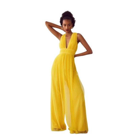 Anthropologie Hutch Pleated Tulle Jumpsuit -Yellow